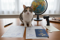 Cat with travel documents and route map