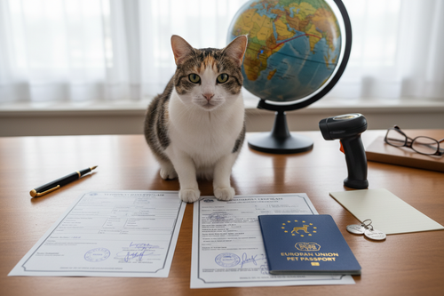 Cat with travel documents and route map