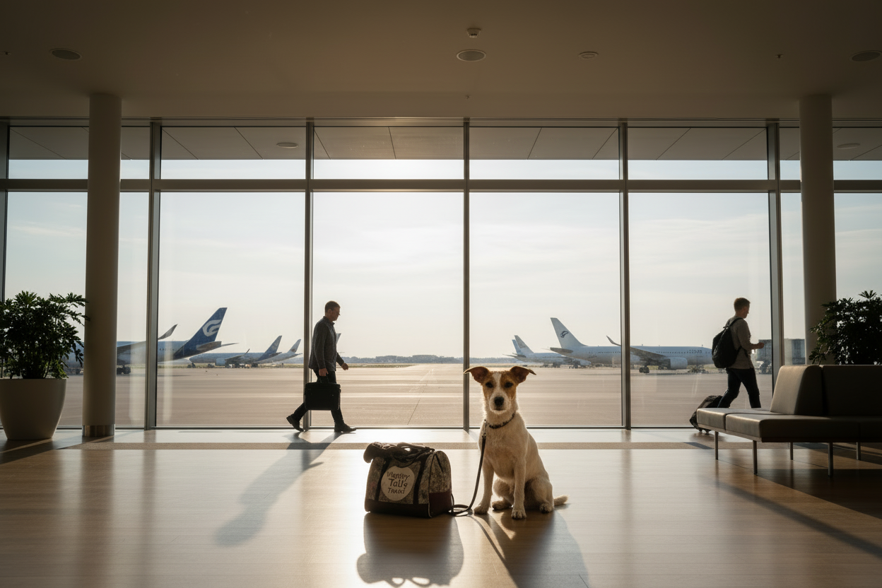 Parson Russell Terrier at airport with airplane
