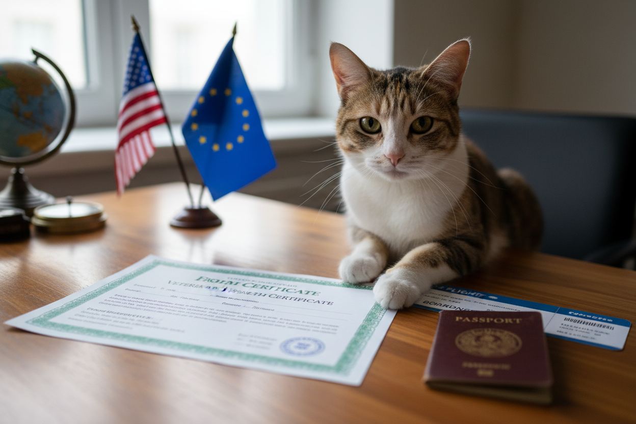 Realistic cat with veterinary certificate and travel documents
